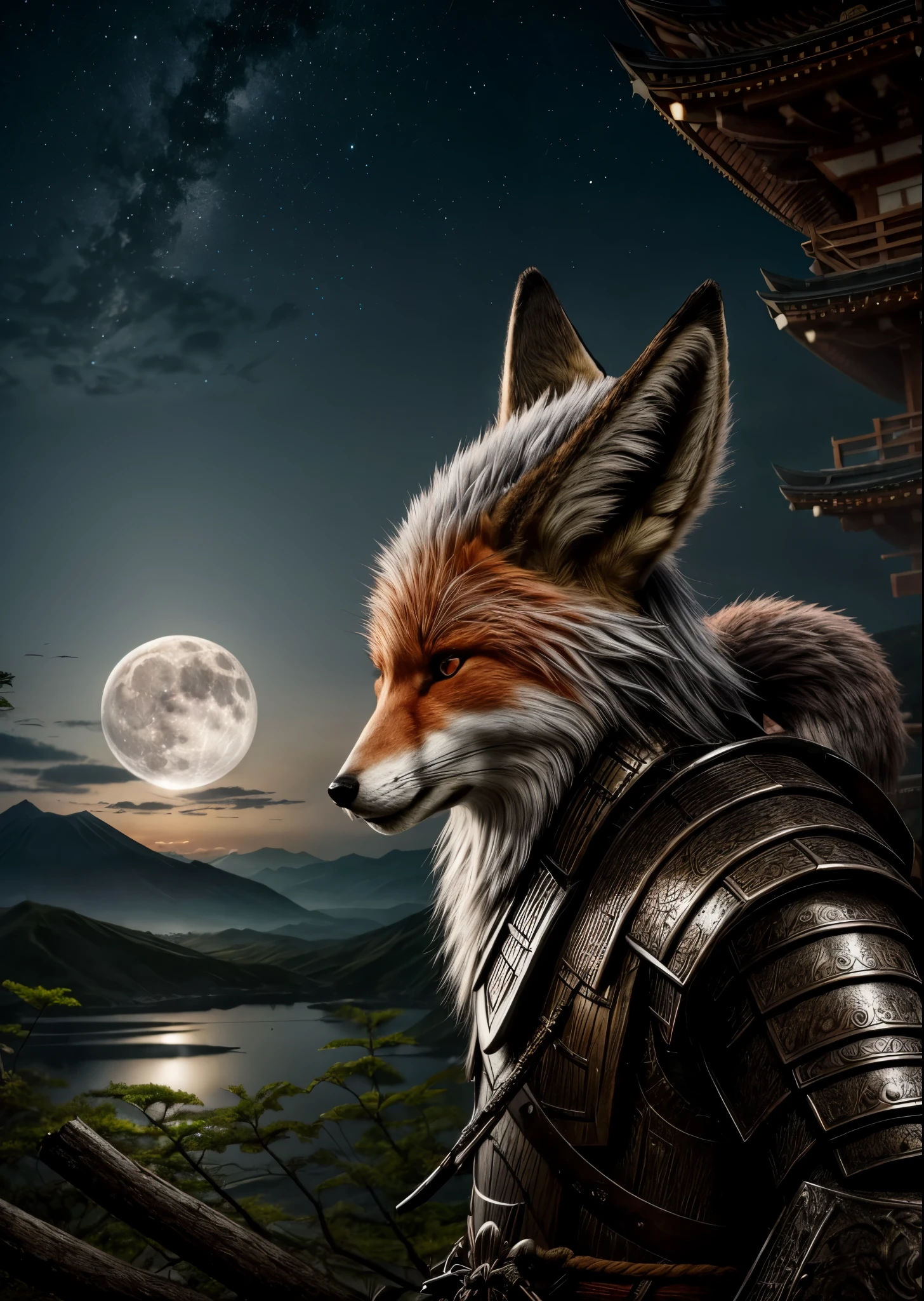 An anthropomorphic fox monster of an old Japanese samurai、Wearing samurai armor、Silver Hair、In front of the ruined shrine、Moonlit Night、lush vegetation、Old tales、Like a movie、8K、16K、Detailed