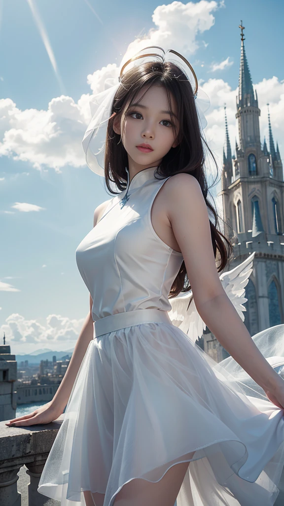 8k resolution，Angel，The halo on the head，float，Castle Background，White skin，，Asian，one person，，White tulle skirt