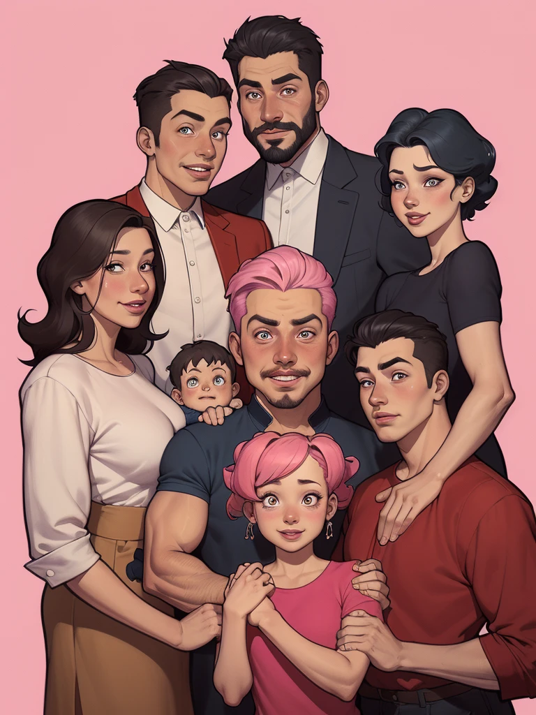 um close up de um desenho animado de um grupo de pessoas, retrato de family, by Cesar Andrade Faini, por Olivia De Berardini, caricatura, em estilo cartoon, retrato de alta qualidade, by Camilo Egas, por Samuel Silva, retrato nft, por Rosa Henriques, in digital illustration style, retrato colorido, by Felipe Seade estilo Cartoon estilo ilustração digital estilo GTARostos brasileiros of a family of five standing together in front of a pink background, family portrait, retrato de uma gangue rosa, rotoscopia, retrato nft, em estilo cartoon, official Admirador de arte, family photo, barong family, caricatura, Admirador de arte, digital illustration, happy family, stylized digital illustration, family, desenhado no estilo de Mark Arian usando a regra de 3 nas medidas rostos brasileiros