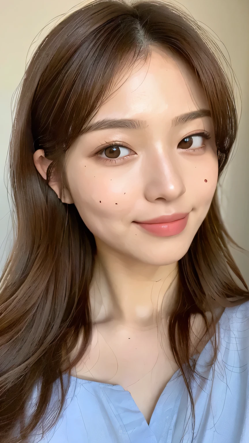 ((highest quality, 8k, masterpiece: 1.3)), 1 female, Japanese Idols,Sensual beauty: 1.3, (Hair style Brown hair Medium wave, big: 1.2), Ultramarine Nightwear: 1.1, Super slender face, Delicate eyes, double eyelid, Dimples,Mole, Home,relax,smile,Plump body,