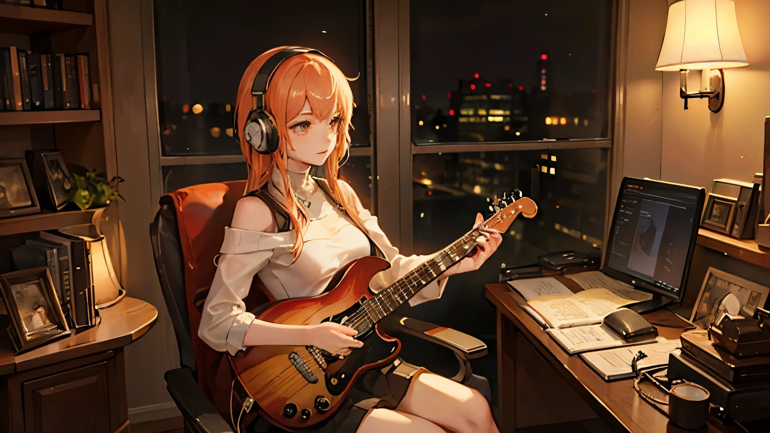 1 girl, with a headphones, jazz atmosphere, playing instruments, warm atmosphere in the warm home
