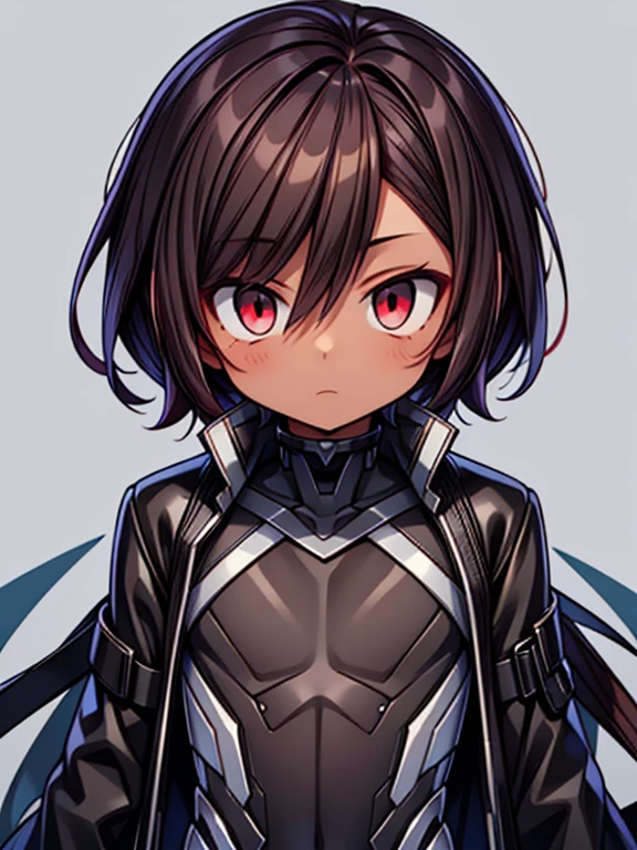 dark skin, male, flat chest, (((short dark brown hair))), big red eyes and a very androgynous face, wearing a black exoskeleton bodysuit and a long black coat taimanin with sliver accent, black armoured taimanin_suit, close up