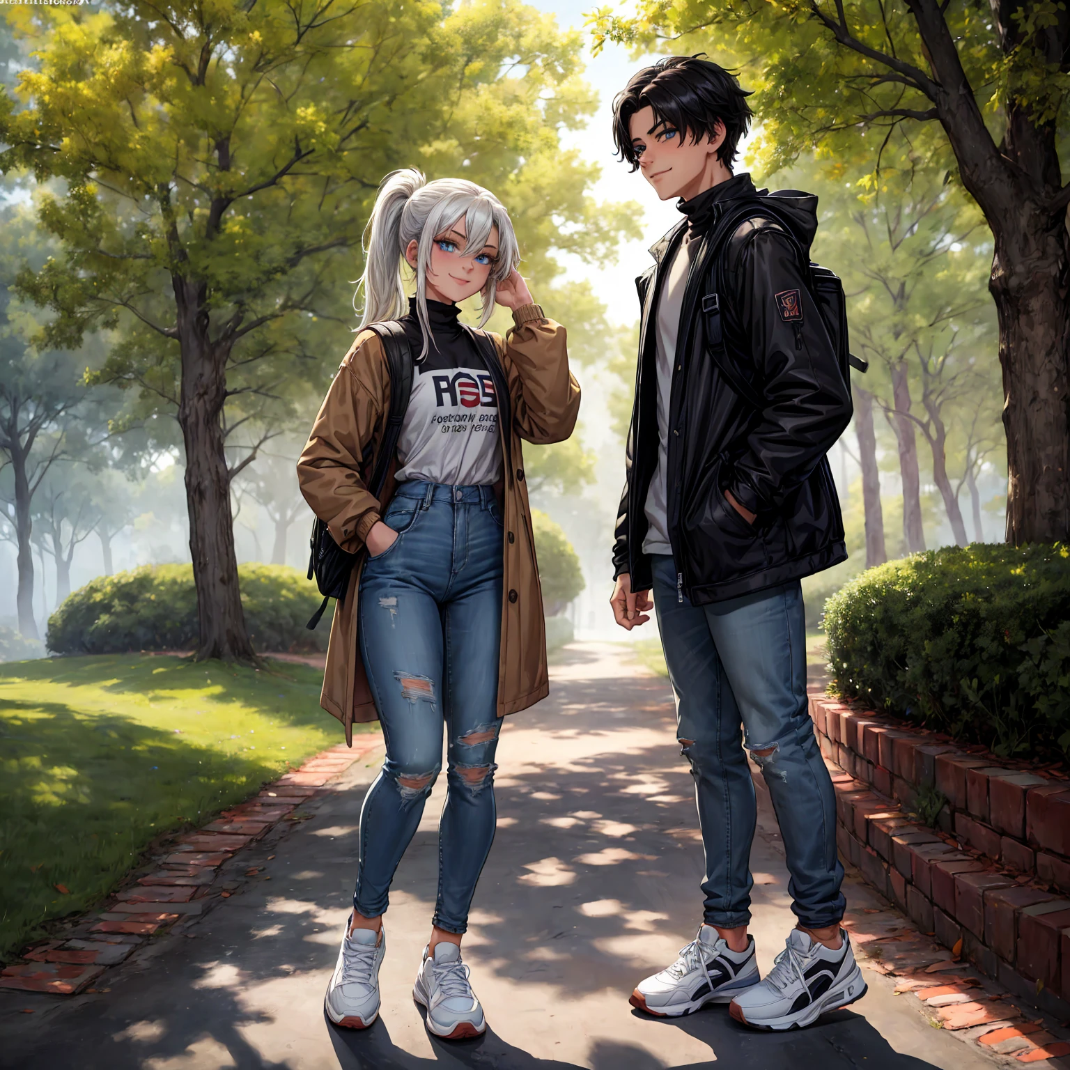 masterpiece, UHD, 4k, highres, ultra highres, hd, best quality, anatomically accurate, detailed face, pretty face, medium shot, ((1girl)), ((1boy)), anime screencap, lineart, (standing), (full body), beautiful girl, white haired girl, handsome boy, black haired boy, blue eyes, casual clothes, black turtleneck, turtleneck, layered clothing, brown longcoat, jeans, pants, torn legwear, torn jeans, ripped jeans, ripped pants, (carrying backpack), (school backpack), smile, happy, smiling, ((bright pupils)), (pony tail), (full body), legs, ((wearing white sneakers)), white shoes, looking at viewer, (side view), (side shot), at the park, public park background, trees, grass, daytime, godrays,