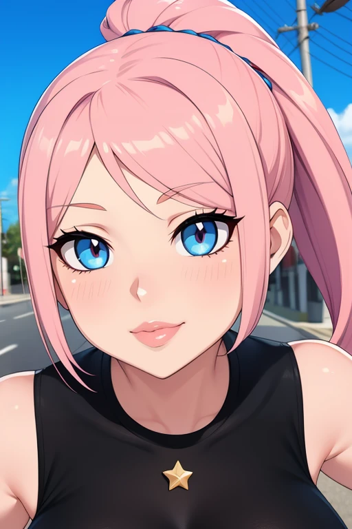 pelo rosa, pelo color rosa intenso, pink hair, ojos azules intenso, ojos color azul, intense blue eyes, electric blue eyes, blue eye color, labios enormes, labios hinchados, ponytails hairstyle, ponytails, pechos grandes, pechos enormes, Figura de reloj de arena, (cintura estrecha), confianza, superioridad, bratty, brat, malcriado, bully, muslos gruesos, pendientes, arriba, diafragma, Bermudas, sonrisa, medio plano, evil sonrisa, cara de gemido, tight black dress, elegant woman, big tits, from the front, in the middle of the street (outside, shiny, people on background, global ilumination), big breasts, close up portrait, close up face photo, beautiful, perfect face,