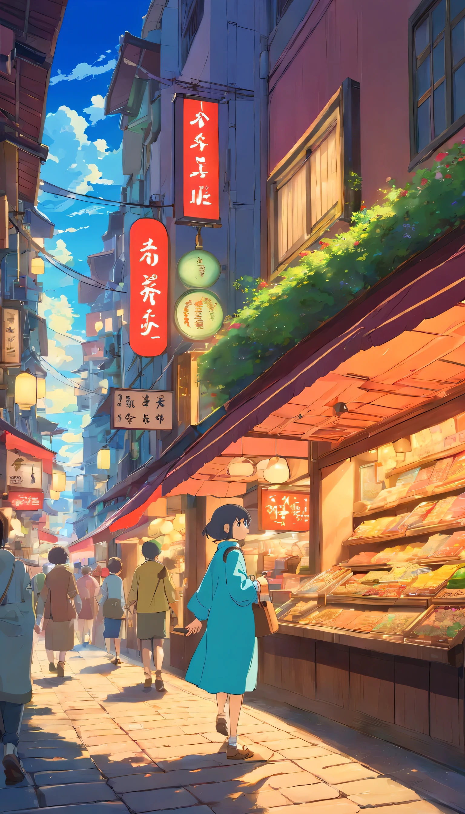 TOKYOcty、Shinjuku、Warm feeling、Before the storm　futuristic cities、Annual Proof Display、Borminetrix Proof、Shops、resturant、shopping , people walking in bazar , shopping , bargining , high quality , 4k , anime styles, fanart style, height : widht -16:9