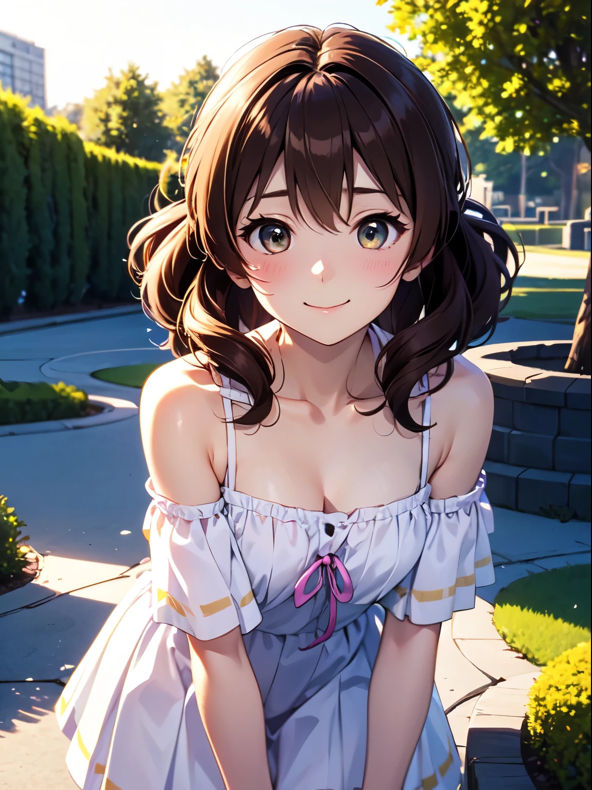 High resolution, highest quality, super high quality,3D Images、Kumiko、3D Images、beautiful flower々Garden in full bloom、Brown Hair、Wavy Hair、Very detailedな CG Unity 8k 壁紙, [3D Images:1.15],Attractive eyes、[[Detailed eyes、Colorful eyes、Shining Eyes:1.15]], , Very detailed,Thin fingers、Front view、Cinema Lighting、Yellow before＿Kumiko、super high quality,3D Images ,Blonde Hair、Closed Mouth、Absolute reference to the center、Cute no matter who looks at it、clavicle, Off the shoulder, Sweater dress,Very long hair、Absolute reference to center、whole body, alone,Cinematic lighting、smile、blush、Beautifully styled hair,Cowboy Shot、Leaning forward