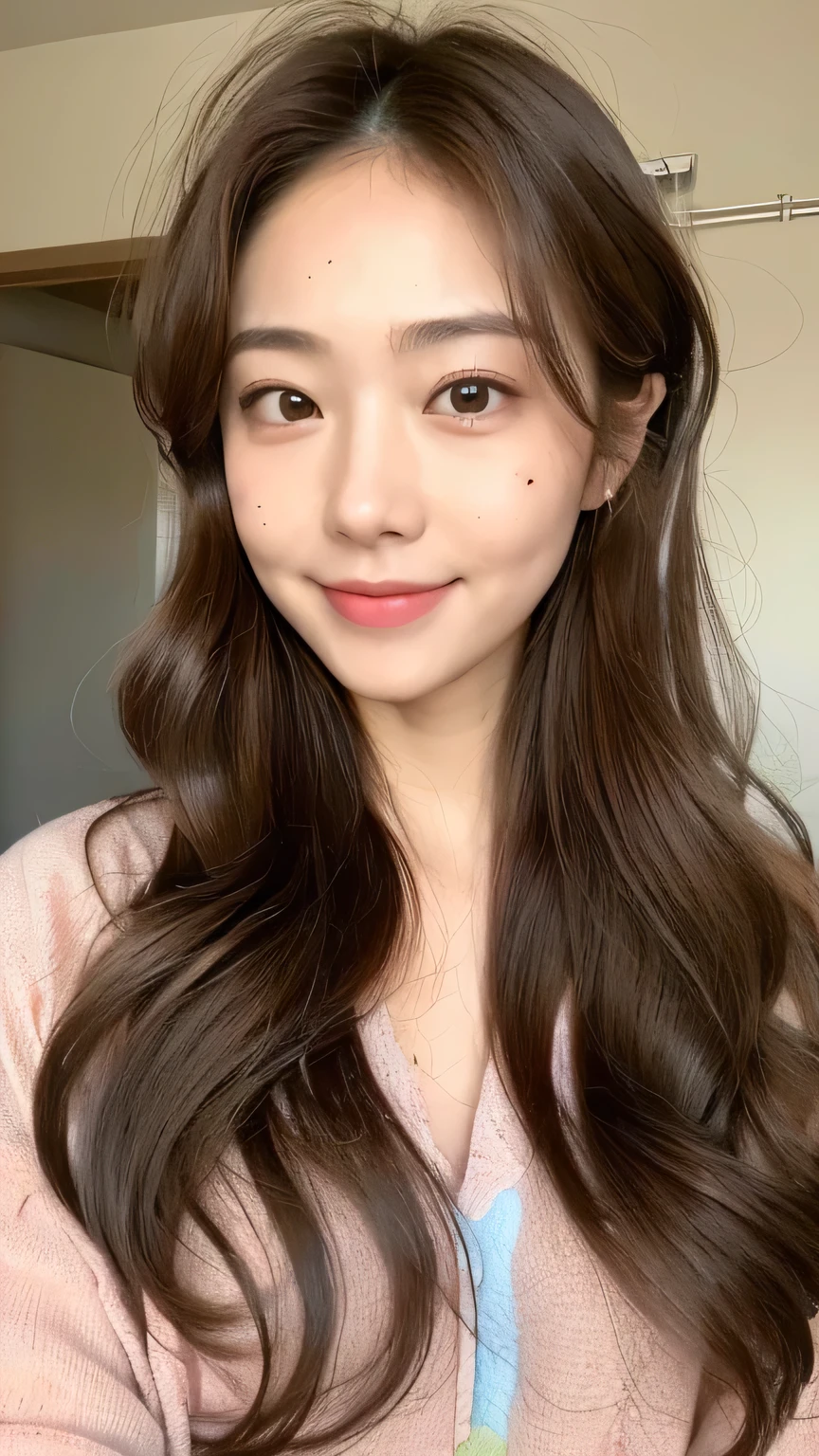 ((highest quality, 8k, masterpiece: 1.3)), 1 female, Japanese Idols,Sensual beauty: 1.3, (Hair style Brown hair Medium wave, big: 1.2), Rainbow nightwear: 1.1, Super slender face, Delicate eyes, double eyelid, Dimples,Mole, Home,relax,smile,Plump body,