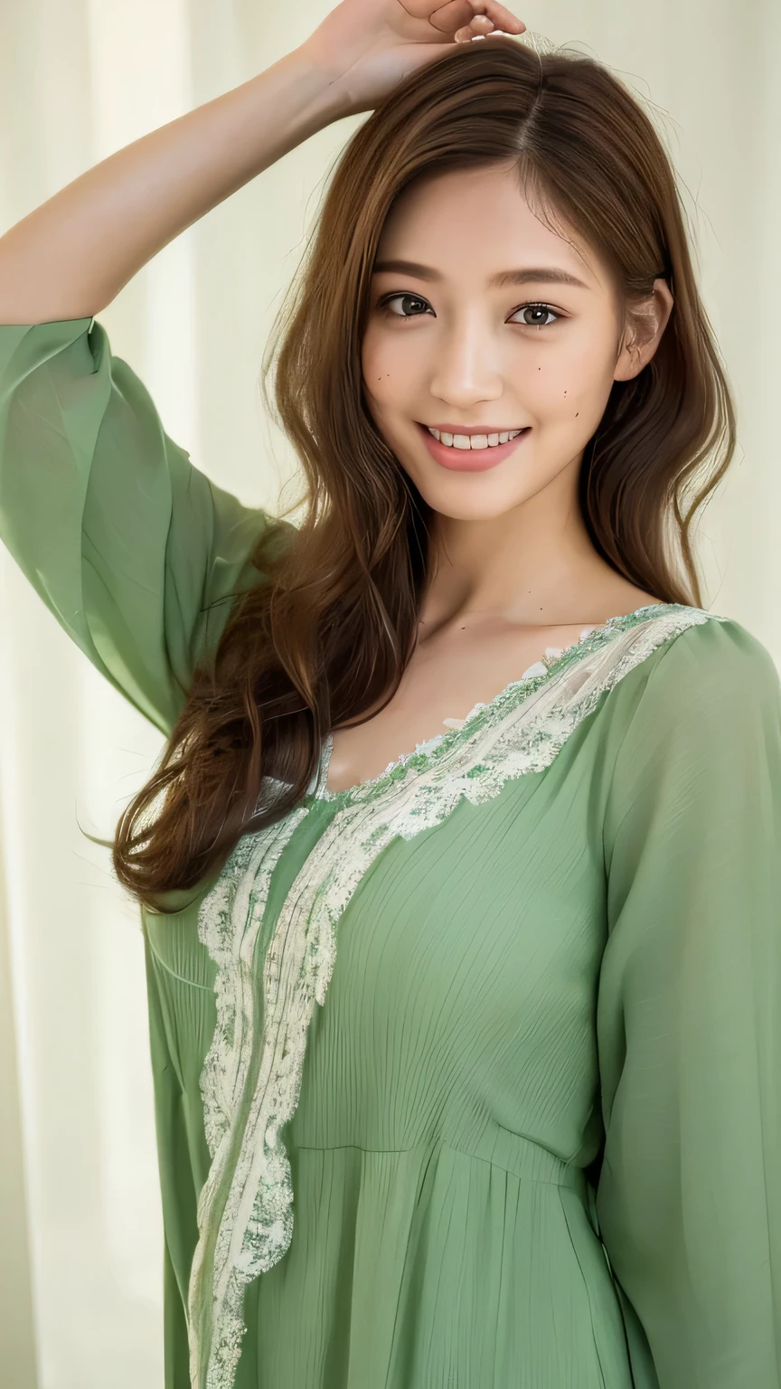 ((highest quality, 8k, masterpiece: 1.3)), 1 female, Japanese Idols,Sensual beauty: 1.3, (Hair style Brown hair Medium wave, big: 1.2), Nightgown in light green: 1.1, Super slender face, Delicate eyes, double eyelid, Dimples,Mole, Home,relax,smile,Plump body,