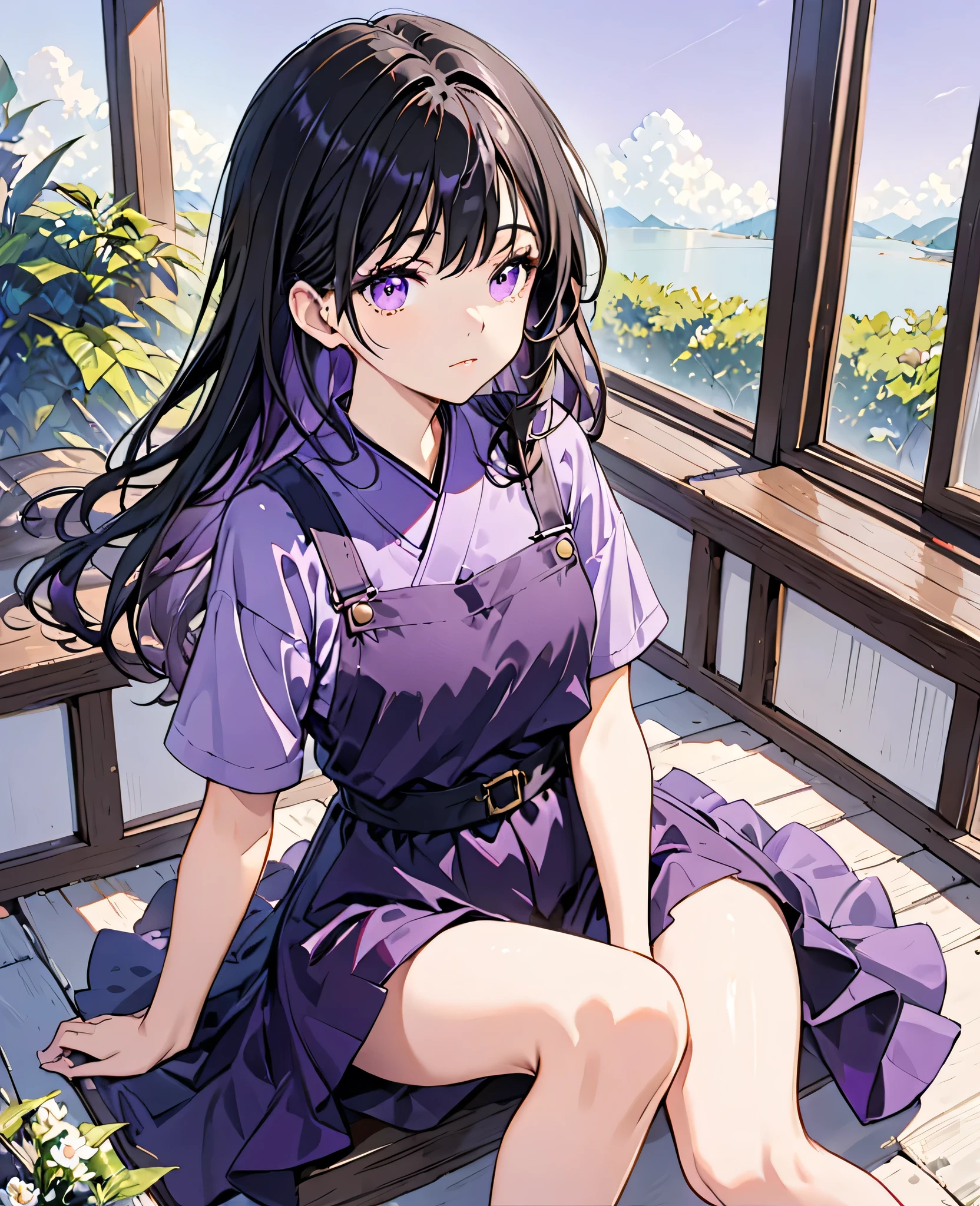-yeld giBlack Hair,Purple Eyes,Black purple dress,Sitting,The overall color is mainly purple