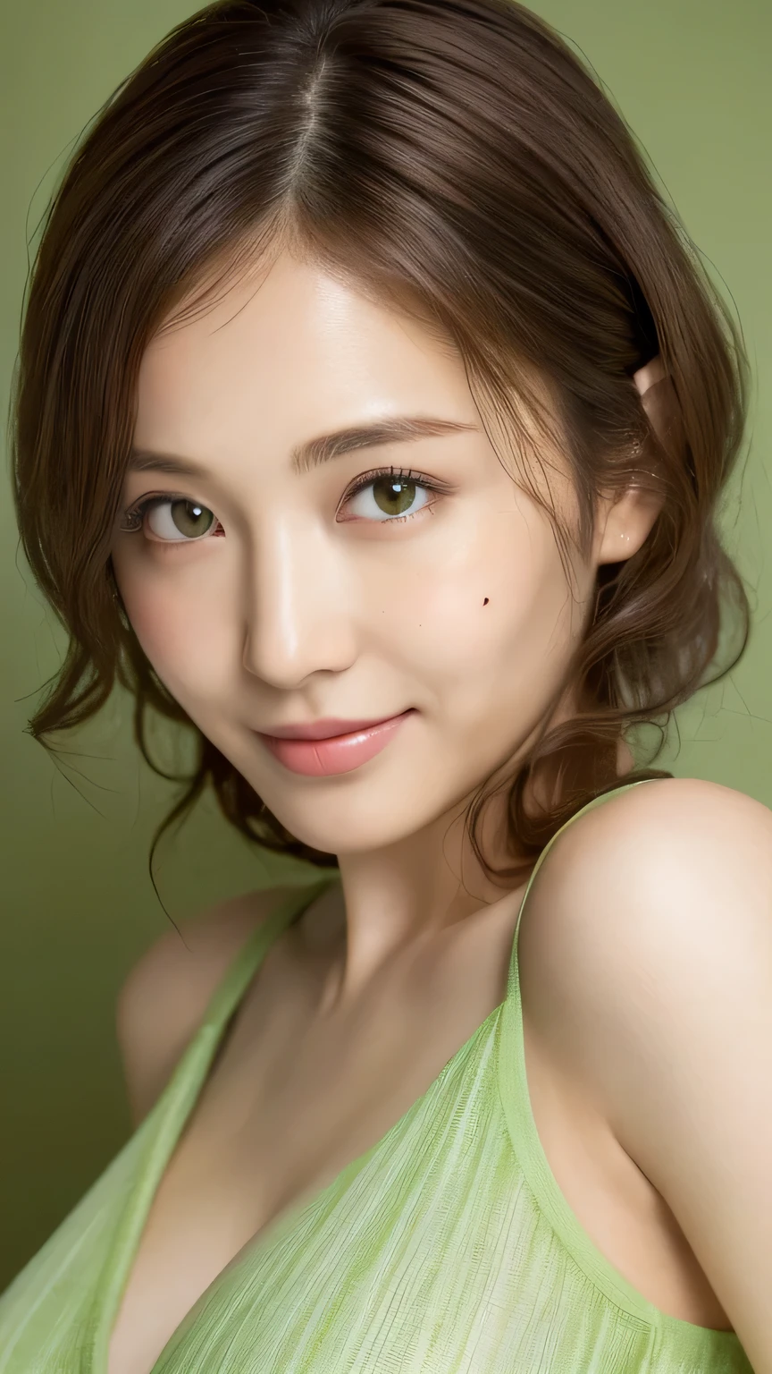 ((highest quality, 8k, masterpiece: 1.3)), 1 female, Japanese Idols,Sensual beauty: 1.3, (Hair style Brown hair Medium wave, big: 1.2), Nightgown in light green: 1.1, Super slender face, Delicate eyes, double eyelid, Dimples,Mole, Home,relax,smile,Plump body,