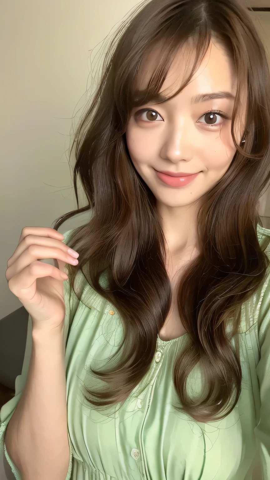 ((highest quality, 8k, masterpiece: 1.3)), 1 female, Japanese Idols,Sensual beauty: 1.3, (Hair style Brown hair Medium wave, big: 1.2), Nightgown in light green: 1.1, Super slender face, Delicate eyes, double eyelid, Dimples,Mole, Home,relax,smile,Plump body,