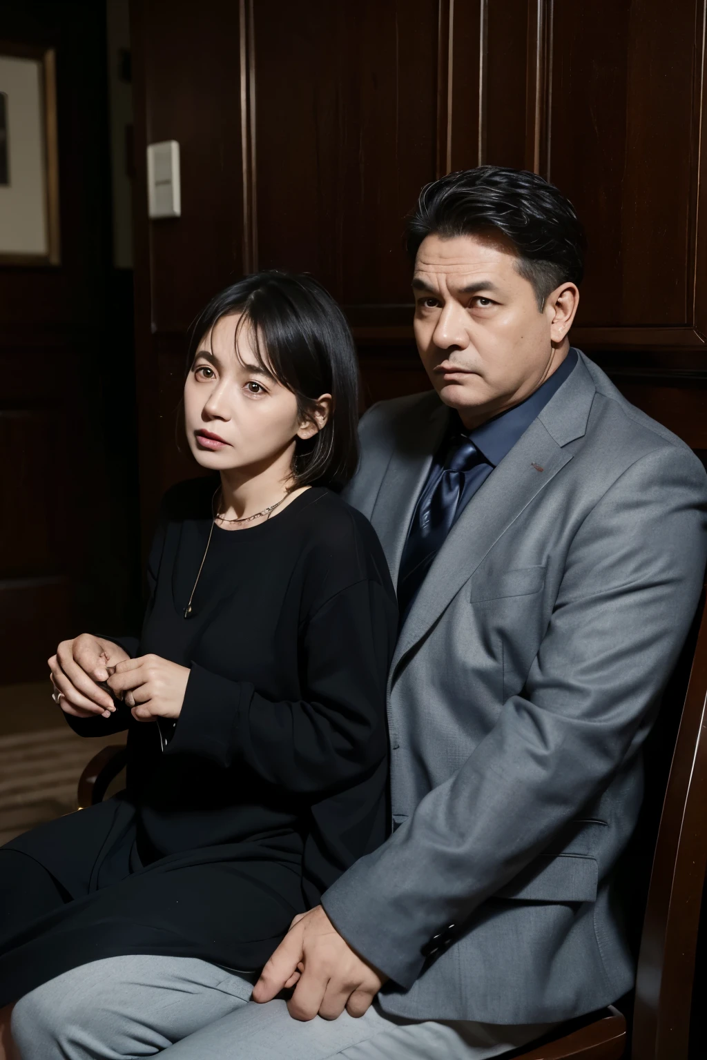 A middle-aged man and a middle-aged woman sit side by side in the room,Gloomy face,Terrifying atmosphere
