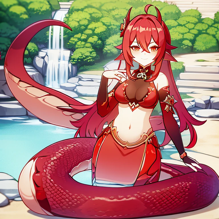 snake woman, red scales, wild, beautiful and sensual, very detailed face, from the waist up, very detailed.