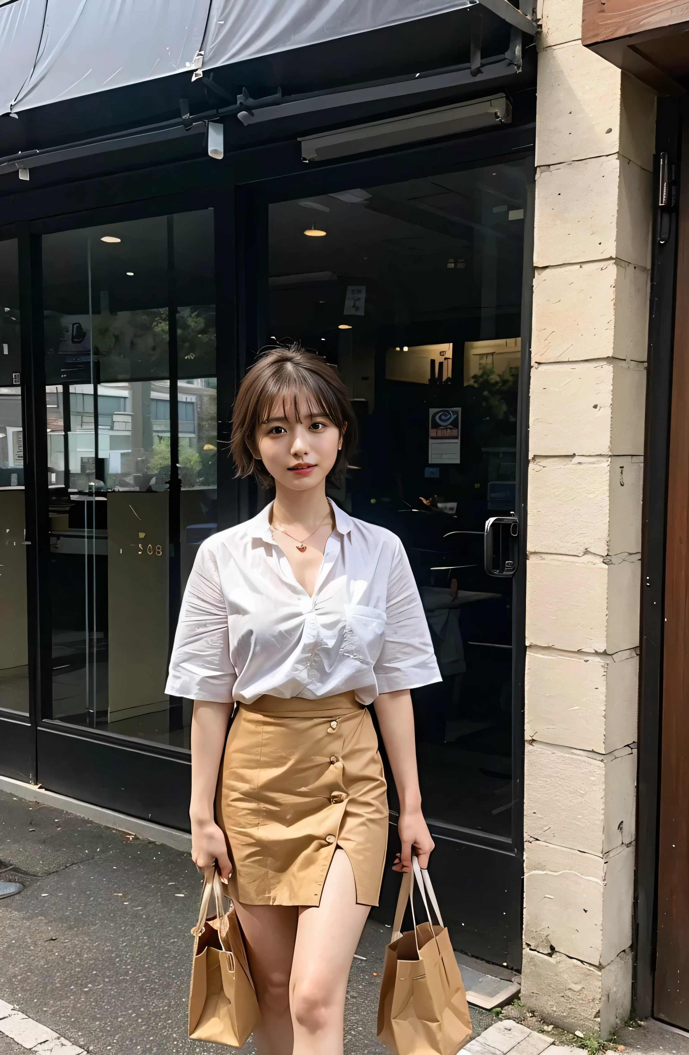、((Big Breasts:1.4))、Swollen breasts、Big Breasts、Smile、Silk clothing、Big Breasts that can be seen even through clothes、Braided hair only for the bangs、Cowboy Shot、A luxurious white collared silk shirt and brown skirt、Elegant attire、A luxurious bag、In front of a stylish cafe with illuminations、A lovely smile、((Nagoya street corner))、Full body photo、ring、Luxurious clothing、Short skirt、Tuck your hair behind one ear、Silver Necklace、smile、 elegant ponytail、Caustics、Highly detailed photos、Very beautiful eyeedium Short Hair、Large Breasts、Super no makeup、(8k、RAW Photos、highest quality、masterpiece:1.2)、(Realistic、Realistic)、1 girl、((Medium Short Hair、Looking into the camera:1.4))、Hair blowing in the wind