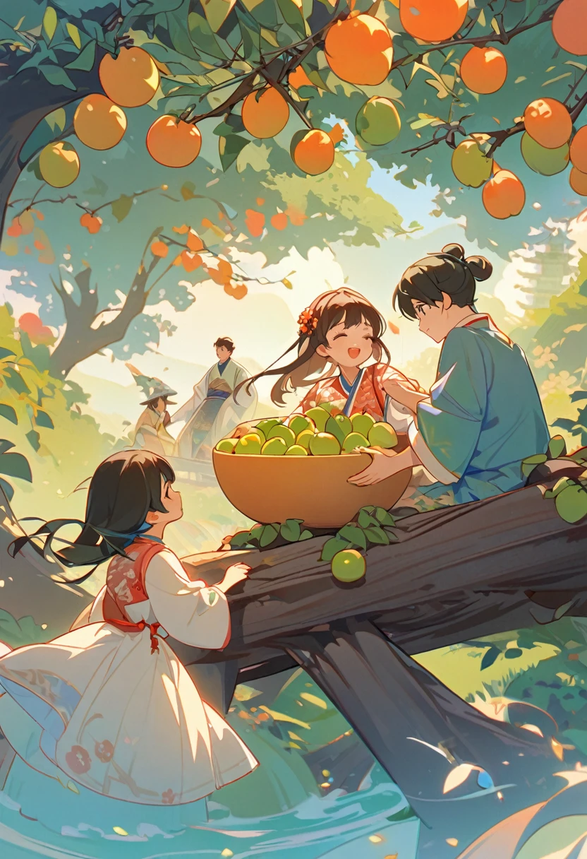 Cai GuoRUN's illustration style, Surrealism,胖乎乎的Tang Style平面插画,Two people picking green plums,A pair of lovely boys and girls,Boy climbing greengage tree,Girl holding a basket of green plums,Looking up to the boy,minor,Childhood sweethearts,Eye contact,close,joy,happy,interactive,Wearing Hanfu,A huge greengage tree laden with fruits,Log table,In the distance is the vibrant rural scenery,antiquity,Chinese style,Tang Style,Chinese traditions,Dynamic,Layering,Sense of tranquility,visual impact,Medium shot,Vibrant and bright hues,Chiaroscuro,Contrasting tones,Liang Jiacheng's graffiti style,Bold lines,Ink Painting Techniques,Flat,Minimalism,high quality,High Detail,High Definition,masterpiece,masterpiece