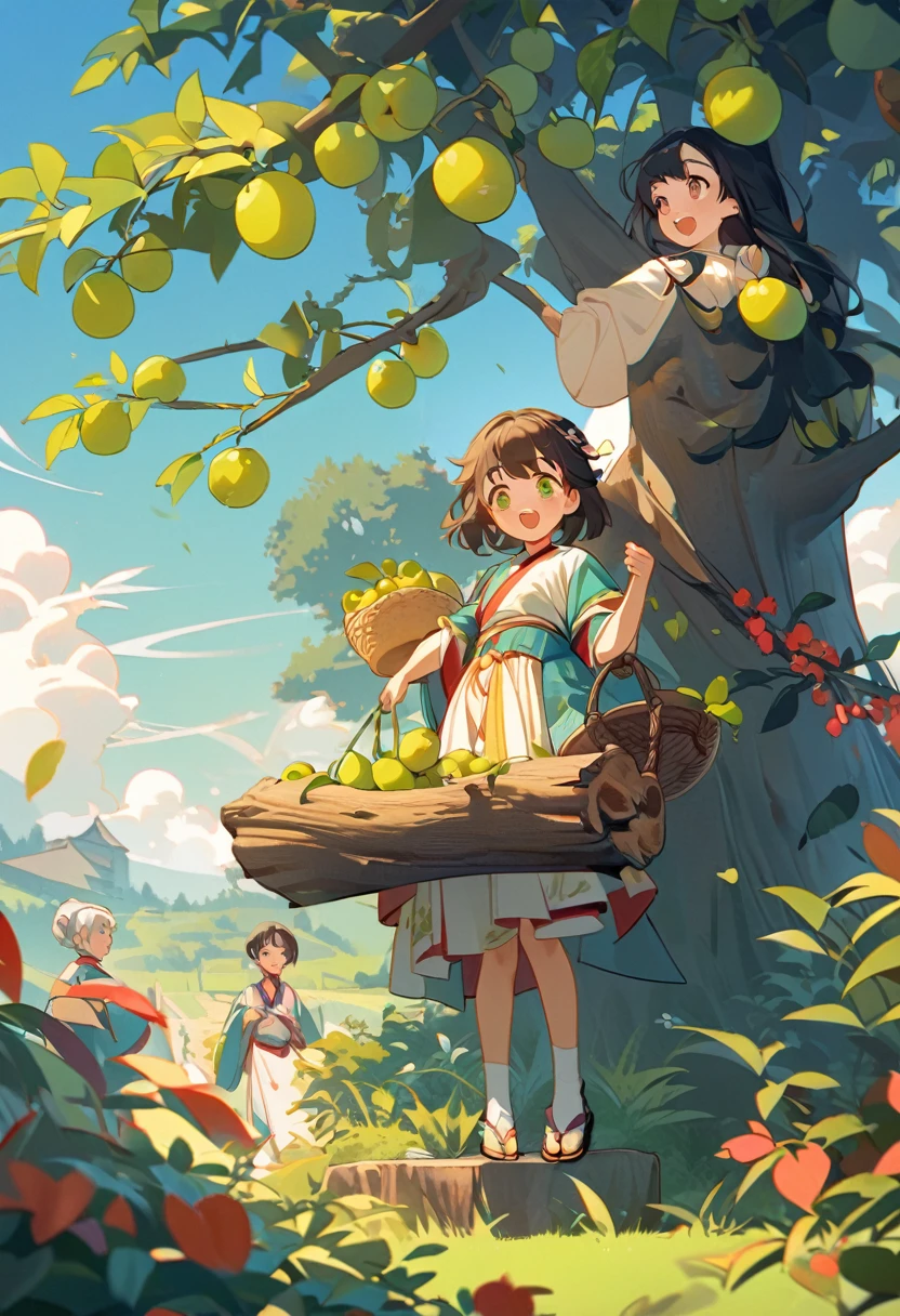 Cai GuoRUN's illustration style, Surrealism,胖乎乎的Tang Style平面插画,Two people picking green plums,A pair of lovely boys and girls,Boy climbing greengage tree,Girl holding a basket of green plums,Looking up to the boy,minor, sweethearts,Eye contact,close,joy,happy,interactive,Wearing Hanfu,A huge greengage tree laden with fruits,Log table,In the distance is the vibrant rural scenery,antiquity,Chinese style,Tang Style,Chinese traditions,Dynamic,Layering,Sense of tranquility,visual impact,Medium shot,Vibrant and bright hues,Chiaroscuro,Contrasting tones,Liang Jiacheng's graffiti style,Bold lines,Ink Painting Techniques,Flat,Minimalism,high quality,High Detail,High Definition,masterpiece,masterpiece