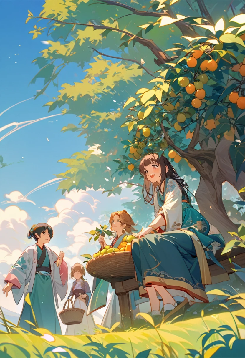 Cai GuoRUN's illustration style, Surrealism,胖乎乎的Tang Style平面插画,Two people picking green plums,A pair of lovely boys and girls,Boy climbing greengage tree,Girl holding a basket of green plums,Looking up to the boy,minor,Childhood sweethearts,Eye contact,close,joy,happy,interactive,Wearing Hanfu,A huge greengage tree laden with fruits,Log table,In the distance is the vibrant rural scenery,antiquity,Chinese style,Tang Style,Chinese traditions,Dynamic,Layering,Sense of tranquility,visual impact,Medium shot,Vibrant and bright hues,Chiaroscuro,Contrasting tones,Liang Jiacheng's graffiti style,Bold lines,Ink Painting Techniques,Flat,Minimalism,high quality,High Detail,High Definition,masterpiece,masterpiece
