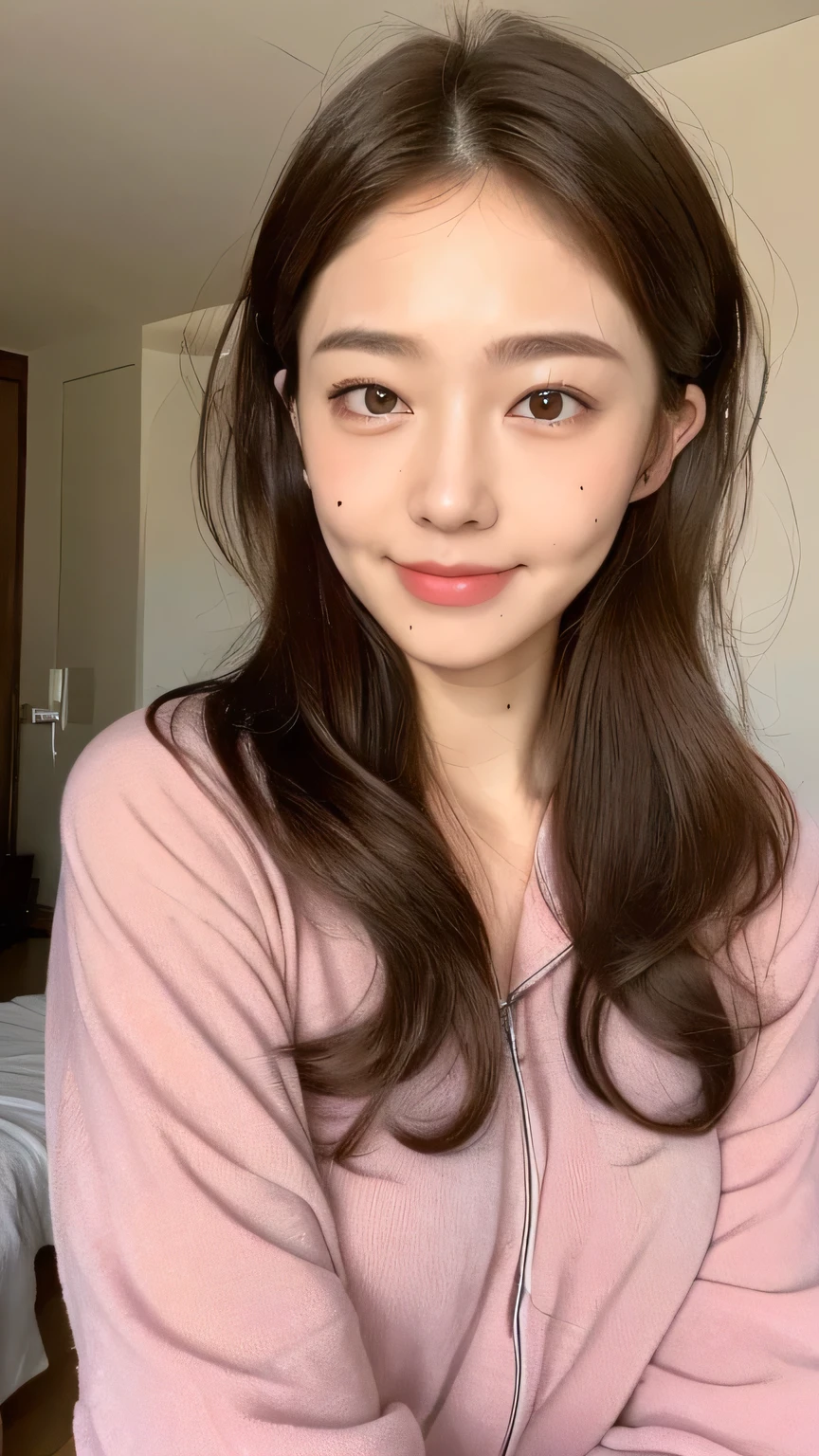 ((highest quality, 8k, masterpiece: 1.3)), 1 female, Japanese Idols,Sensual beauty: 1.3, (Hair style Brown hair Medium wave, big: 1.2), Baggy nightwear: 1.1, Super slender face, Delicate eyes, double eyelid, Dimples,Mole, Home,relax,smile,Plump body,Pink blush,