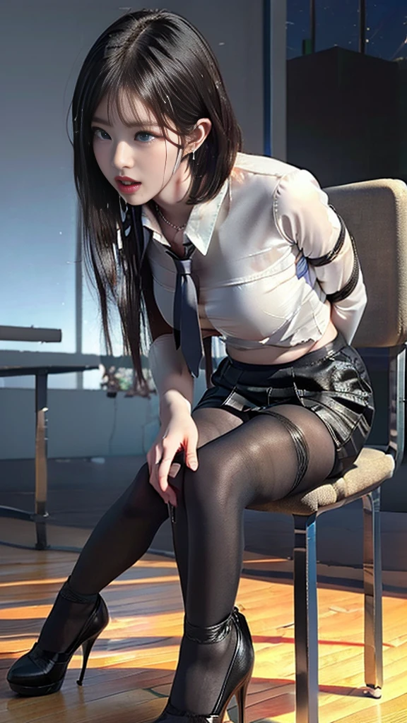 (((NFSW : 1.5))), (((pornography))), (realistic), (intricate details:1.2), (masterpiece、:1.3), (top quality:1.4), (Ultra A high resolution:1.2), Ultra A high resolution, 8K resolution, very detailed expression, ((night:1.9)),dark, (high quality), complete anatomy, natural anatomy, Detailed features, detailed facial expression, full body photo, 1. woman raped by man, 27 years old, ((korean:1.6)), (beautiful : 1.4), (shoulder length bob cut hair), earring, light makeup, Confusing wording, office uniform, identity card necklace, long legs, (wearing shiny realistic pantyhose), (high heel : 1.4), business clothes, business attire, slim suit blouse, formal skirt, be bound up, be tied up behind back, be tie up on office chair, The top of the dress was removed to the shoulders, exposing the breasts..., glowing skin, (((orgasm : 1.4))), (with a bad man),(Being caught and sexually harassed by a man at work: 1.5), Forcibly raped by a man, she can not resist, His dick was inserted into her deep throat., Lifted her skirt, legs are spread, Taped thighs and calves, Masturbation device inserted into her pussy wearing torn pantyhose., Matte, night, lights off, quiet office, office desk, office chair, without sunlight, night, (detailed background:1.2),