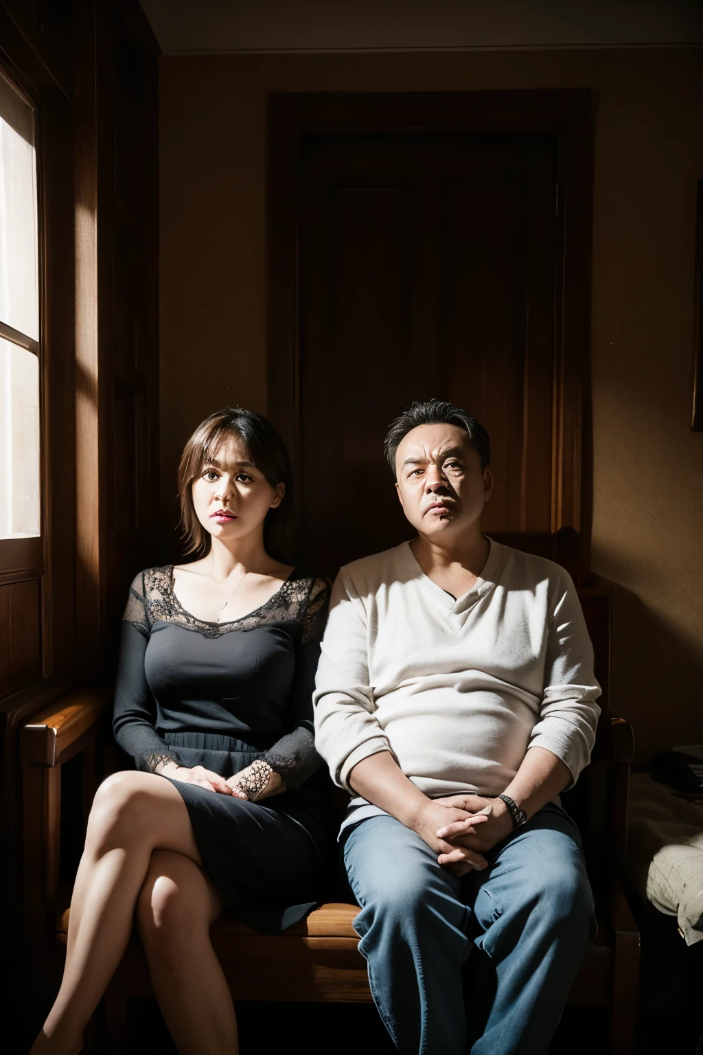 A middle-aged man and a middle-aged woman sit side by side in the room,Gloomy face,Terrifying atmosphere