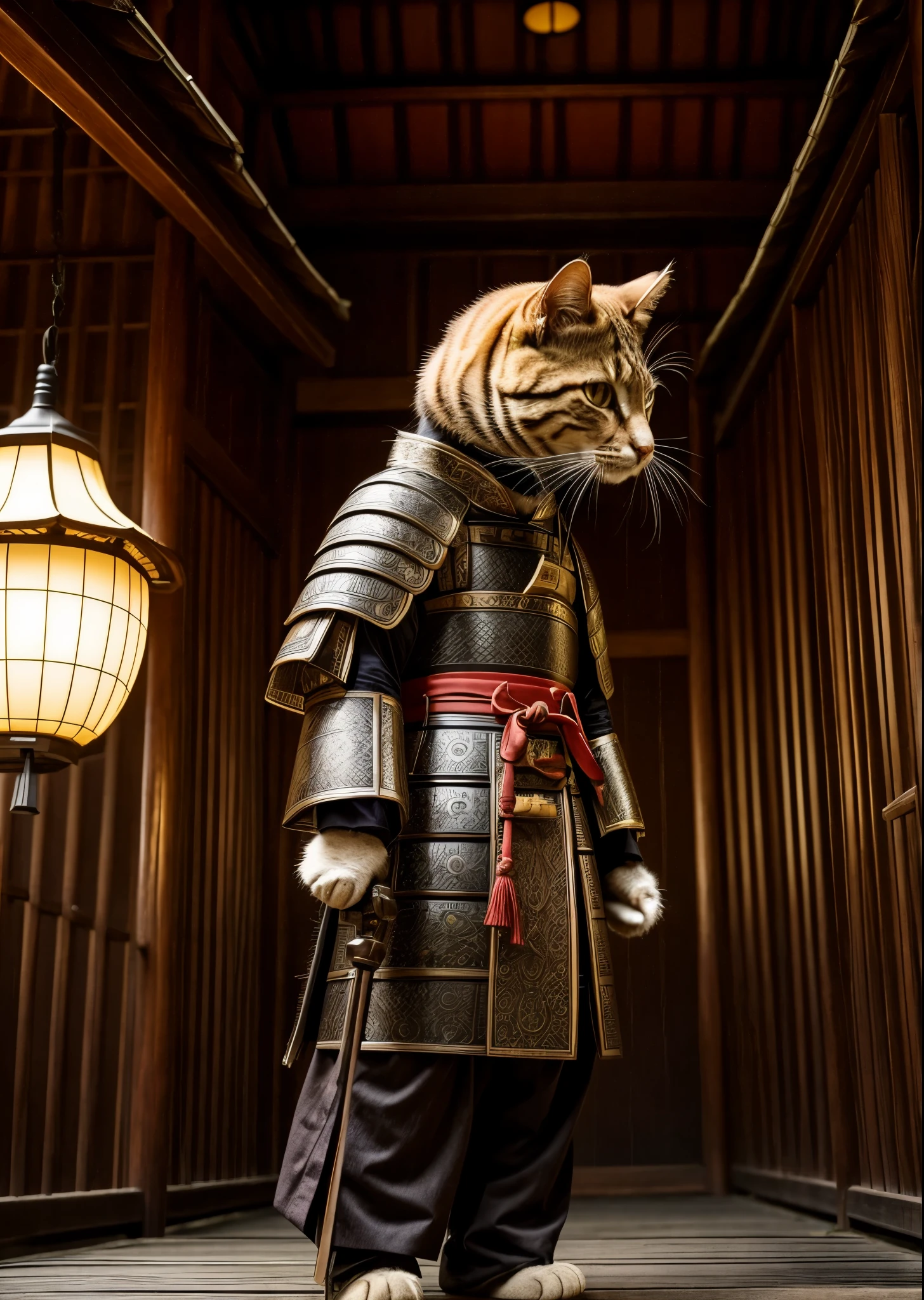 Old Japanese samurai anthropomorphic cat、Wearing samurai armor、Japanese sword、Brown Tabby、In front of the five-story pagoda shrine、Moonlit Night、lush vegetation、Old tales、Like a movie、8K、16K、Detailed
