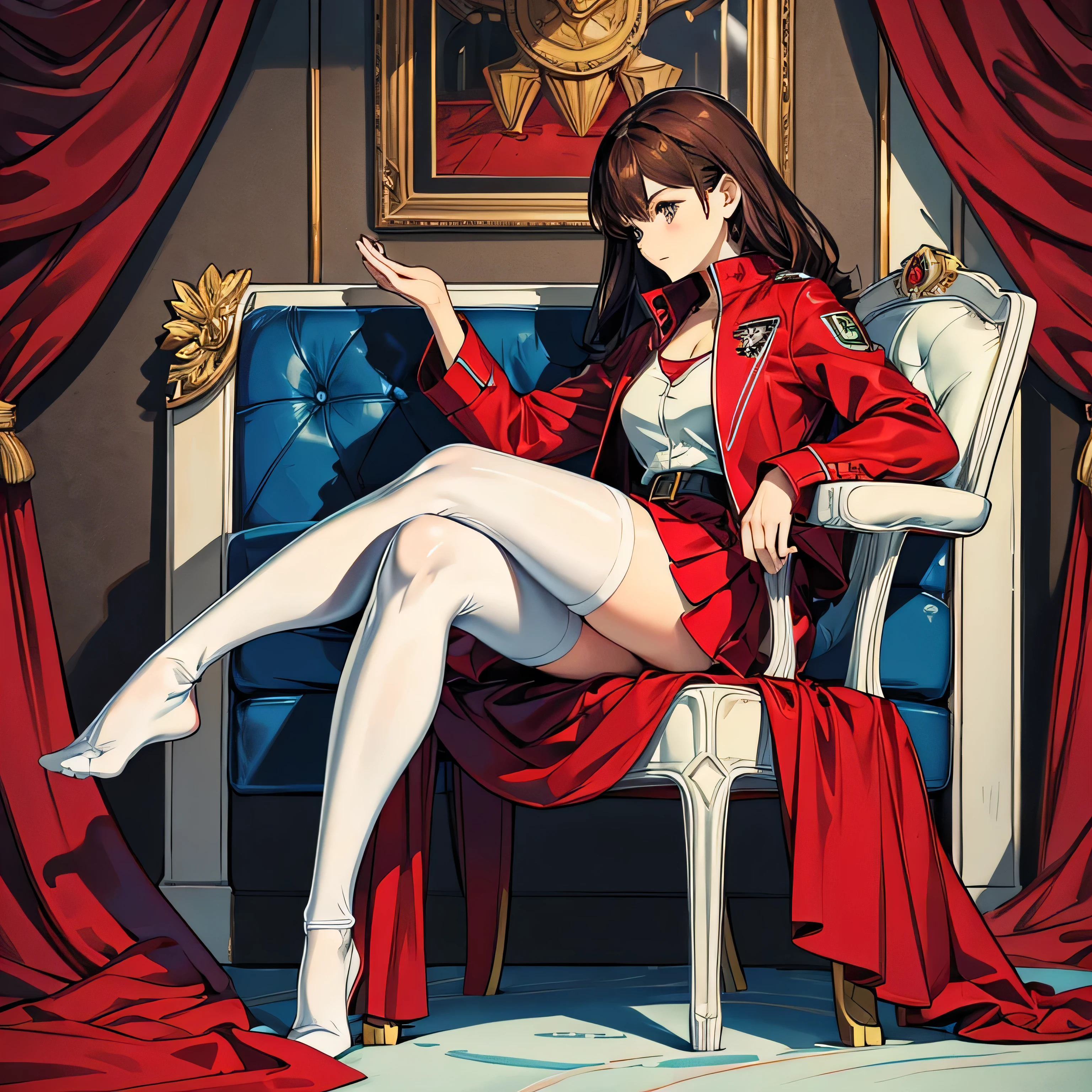 Comic book style images, A side view of a cool woman sitting in a chair with her legs crossed in an impersonal room, Masterpiece, You can see the bare skin of the thighs, Wearing white tights, Red Skirt, wearing a black jacket, Brown long hair