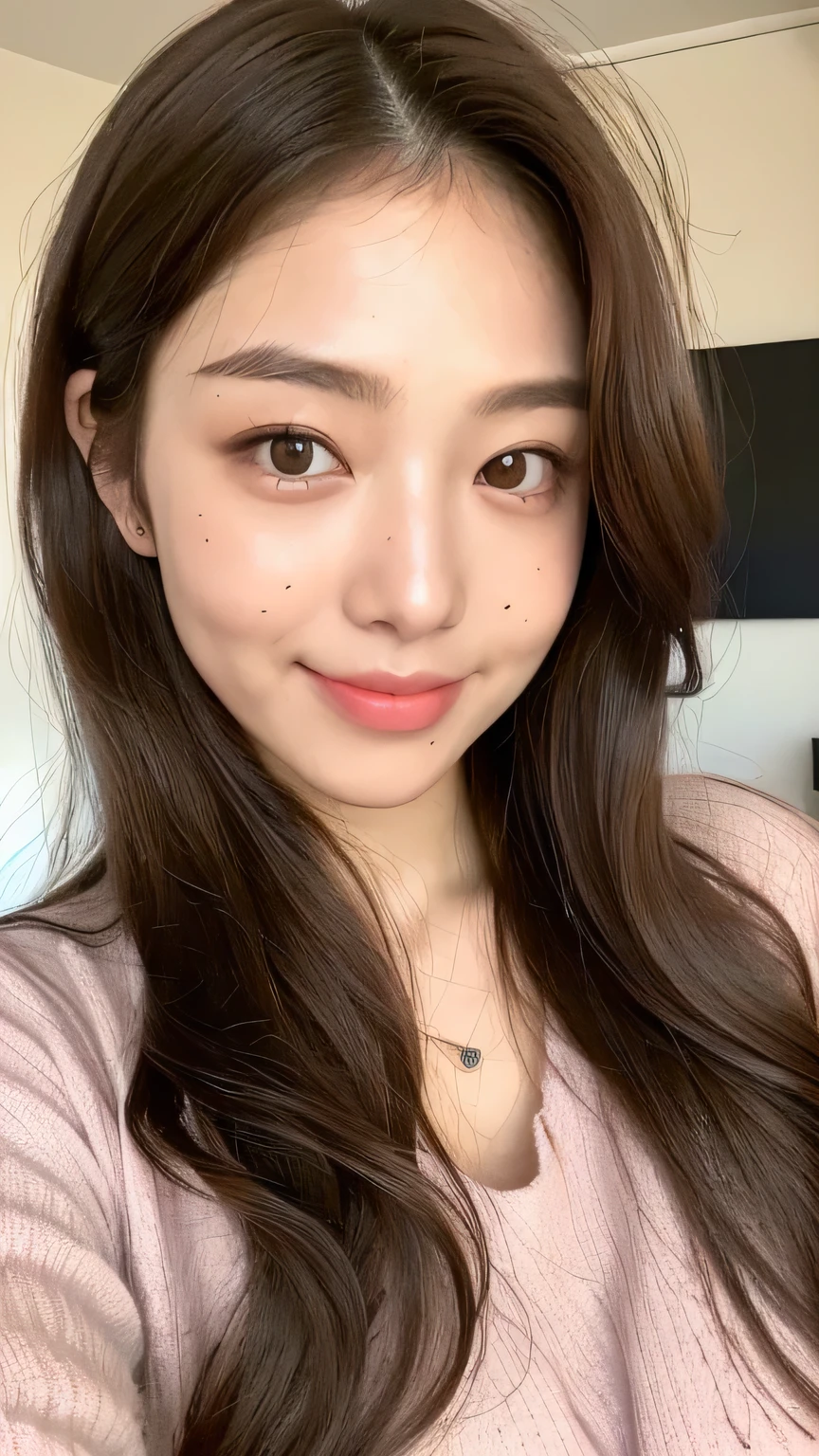 ((highest quality, 8k, masterpiece: 1.3)), 1 female, Japanese Idols,Sensual beauty: 1.3, (Hair style Brown hair Medium wave, big: 1.2), Nightwear: 1.1, Super slender face, Delicate eyes, double eyelid, Dimples,Mole, Home,relax,smile,Plump body,Red blush,