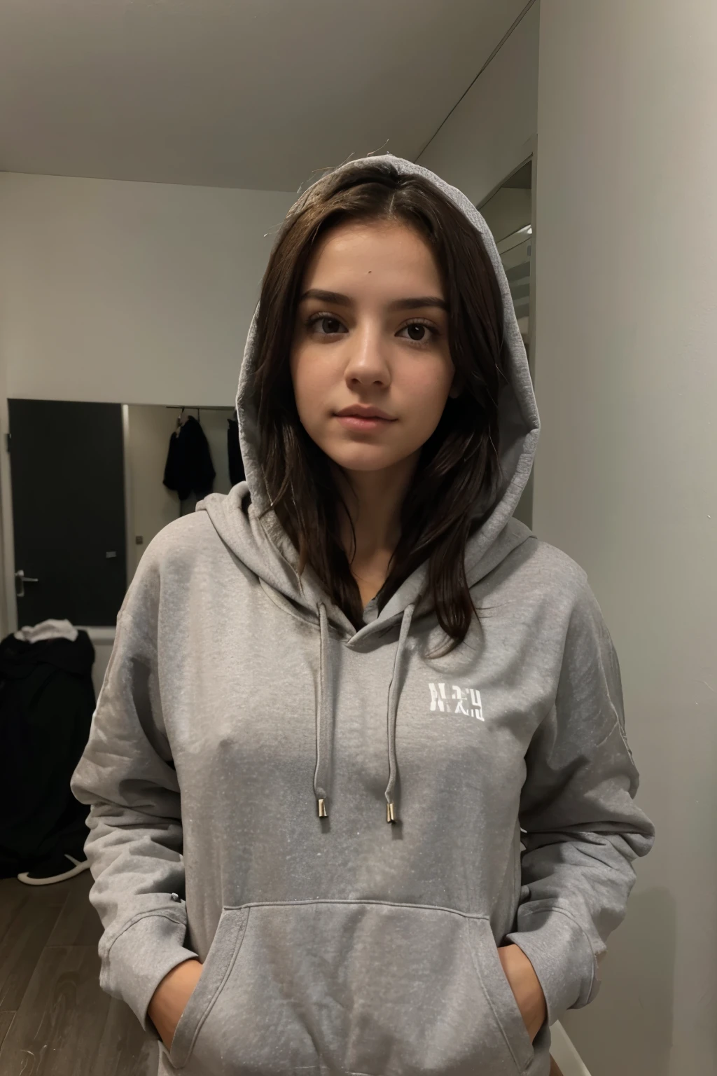 a white greek girl, rap style, medium brunette hair, wearing a grey hoodie and hood, is showing her naked small to the camera