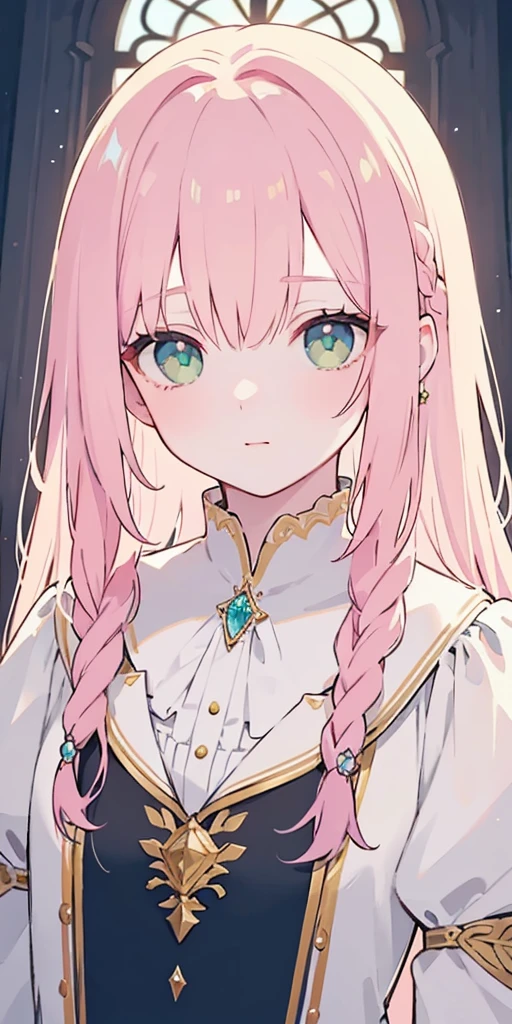 tmasterpiece,Highest high resolution,Beautiful bust of a royal lady,Delicate pink braided hair,Green clear eyes,The hair is covered with beautiful and delicate floral craftsmanship, Crystal jewelry filigree,Ultra-detailed details,upscaled。Soft lighting