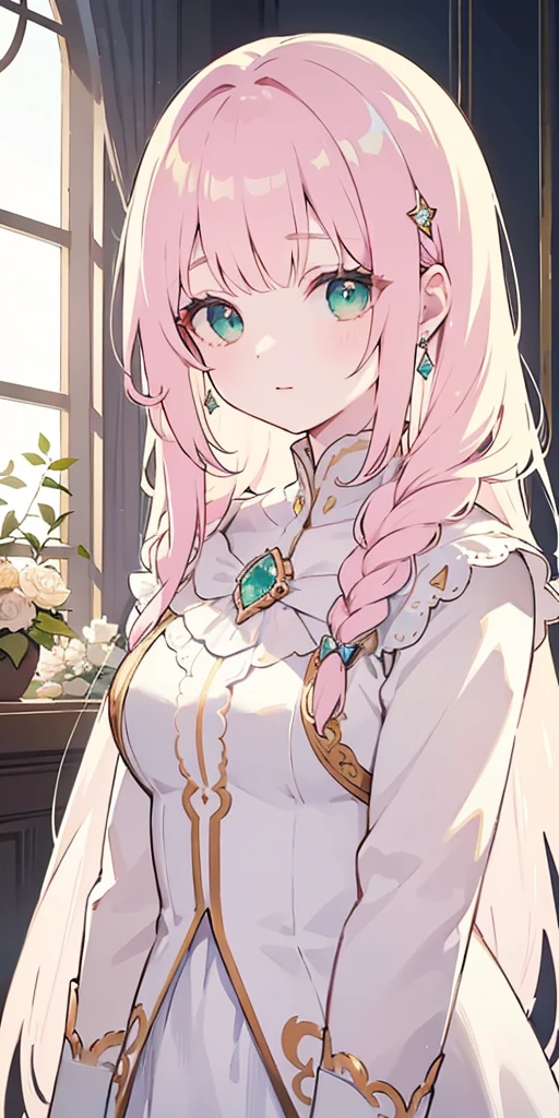 tmasterpiece,Highest high resolution,Beautiful bust of a royal lady,Delicate pink braided hair,Green clear eyes,The hair is covered with beautiful and delicate floral craftsmanship, Crystal jewelry filigree,Ultra-detailed details,upscaled。Soft lighting
