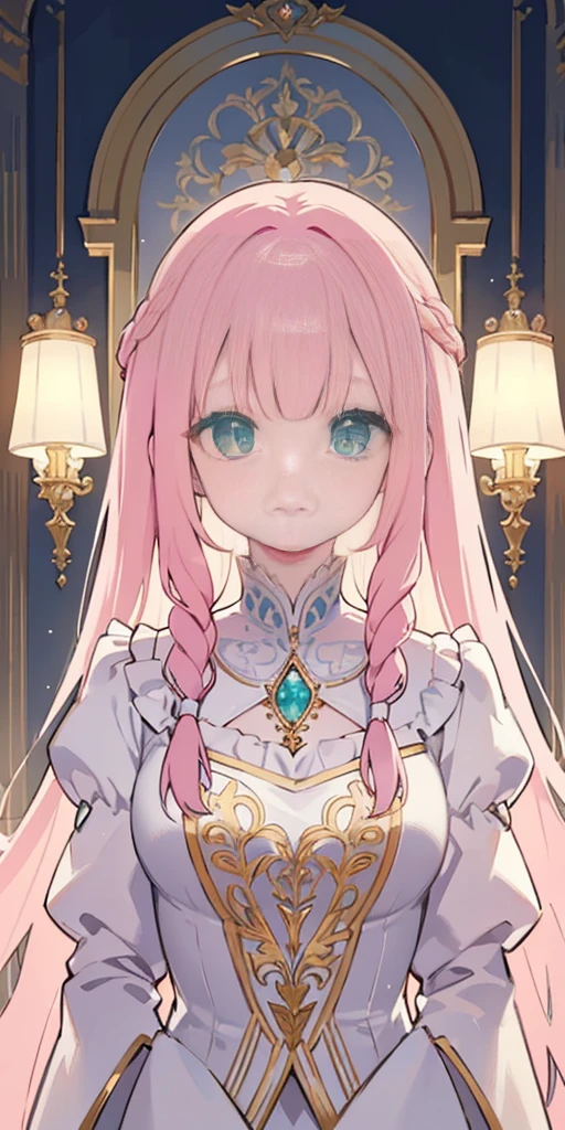 tmasterpiece,Highest high resolution,Beautiful bust of a royal lady,Delicate pink braided hair,Green clear eyes,The hair is covered with beautiful and delicate floral craftsmanship, Crystal jewelry filigree,Ultra-detailed details,upscaled。Soft lighting