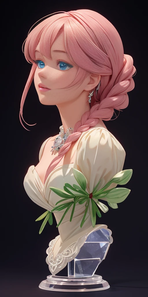 tmasterpiece，Highest high resolution，Beautiful bust of a royal lady，Delicate pink braided hair，Green clear eyes，The hair is covered with beautiful and delicate floral craftsmanship, Crystal jewelry filigree，Ultra-detailed details，upscaled。Soft lighting