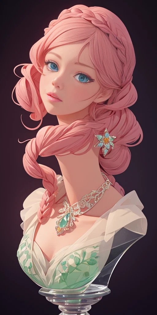 tmasterpiece，Highest high resolution，Beautiful bust of a royal lady，Delicate pink braided hair，Green clear eyes，The hair is covered with beautiful and delicate floral craftsmanship, Crystal jewelry filigree，Ultra-detailed details，upscaled。Soft lighting