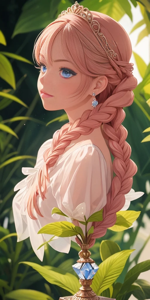 tmasterpiece，Highest high resolution，Beautiful bust of a royal lady，Delicate pink braided hair，Green clear eyes，The hair is covered with beautiful and delicate floral craftsmanship, Crystal jewelry filigree，Ultra-detailed details，upscaled。Soft lighting