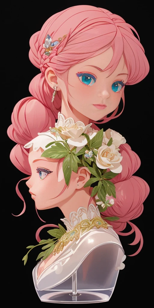 tmasterpiece，Highest high resolution，Beautiful bust of a royal lady，Delicate pink braided hair，Green clear eyes，The hair is covered with beautiful and delicate floral craftsmanship, Crystal jewelry filigree，Ultra-detailed details，upscaled。Soft lighting