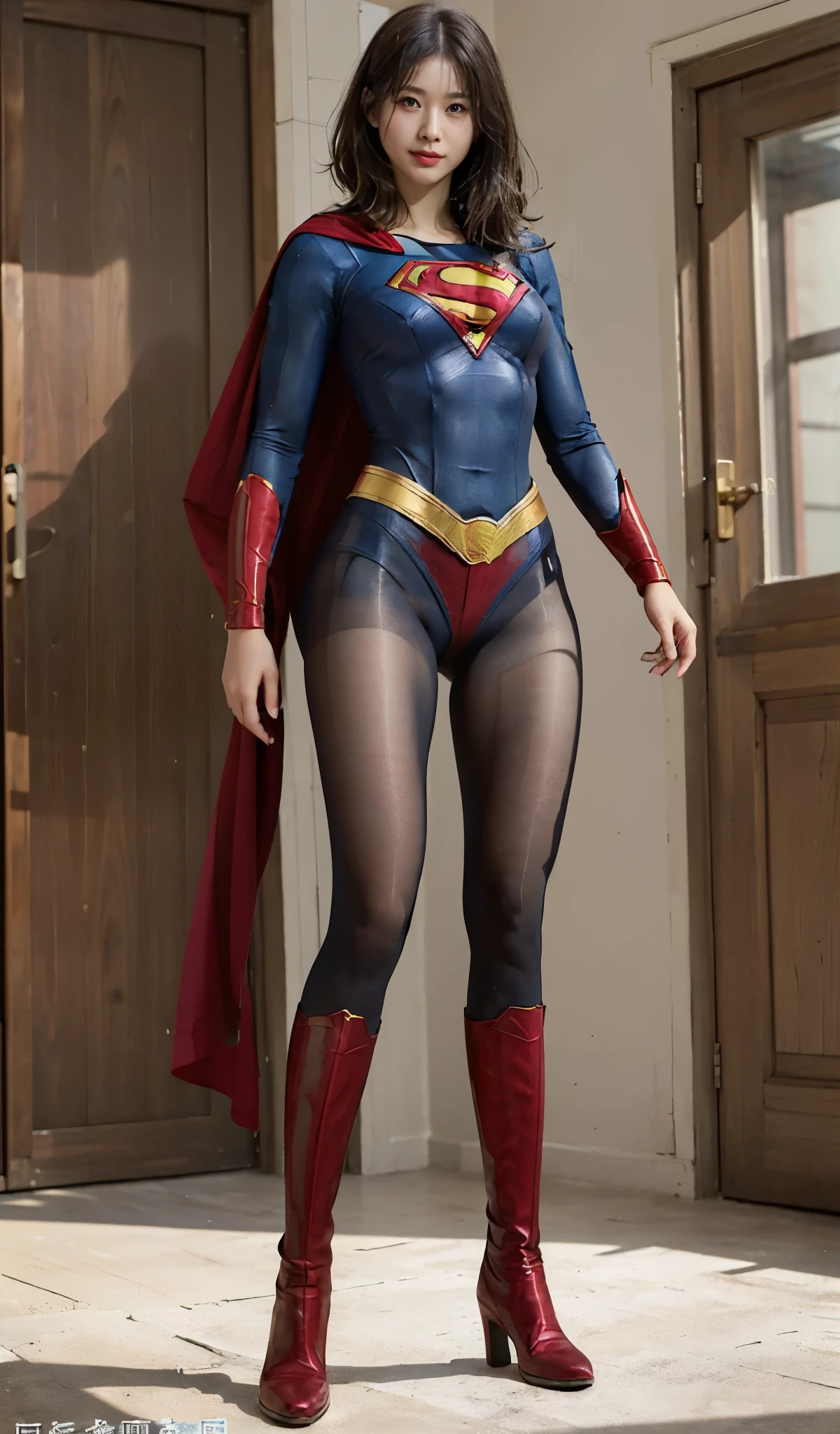 No background、(((Beautiful legs in black tights.)))、(((Legally express the beauty of your smile)))、((((Make the most of your original images)))、(((Body-fitting Supergirl costume)))、(((Supergirl Costume)))、(((Short beautiful hair)))、(((suffering)))、(((Please wear black tights....、Wear red boots)))、((Best image quality、8k))、((highest quality、8k、masterpiece:1.3))、(((Preserve background )))、Sharp focus:1.2、Beautiful woman with perfect figure:1.4、Slim Abs:1.2、Wet body:1.5、Highly detailed face and skin texture、8k