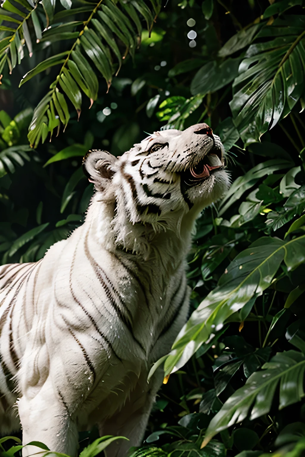 Hyper-realistic close-up portrait of a majestic white tiger, full body view with slight upward tilt. Crystal clear, piercing blue eyes with dilated pupils reflecting dappled sunlight filtering through a lush, green rainforest canopy. Razor-sharp fangs and powerful jaw muscles. Thick, white fur with subtle black stripes barely visible. Dewdrops glistening on blades of grass and leaves in the foreground. Background: Sunbeams pierce the dense foliage, illuminating vibrant green ferns, towering trees with exposed roots, colorful butterflies fluttering. Macro lens/extreme close-up, golden hour lighting/sun shafts, cinematic composition/rule of thirds.