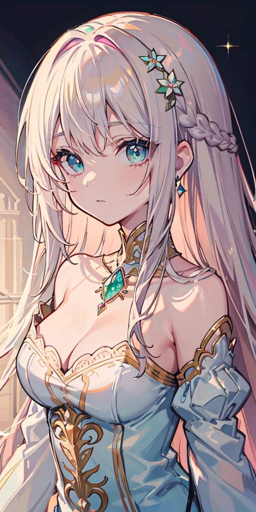 tmasterpiece,Highest high resolution,Beautiful bust of a royal lady,Delicate pink braided hair,Green clear eyes,The hair is covered with beautiful and delicate floral craftsmanship, Crystal jewelry filigree,Ultra-detailed details,upscaled。Soft lighting