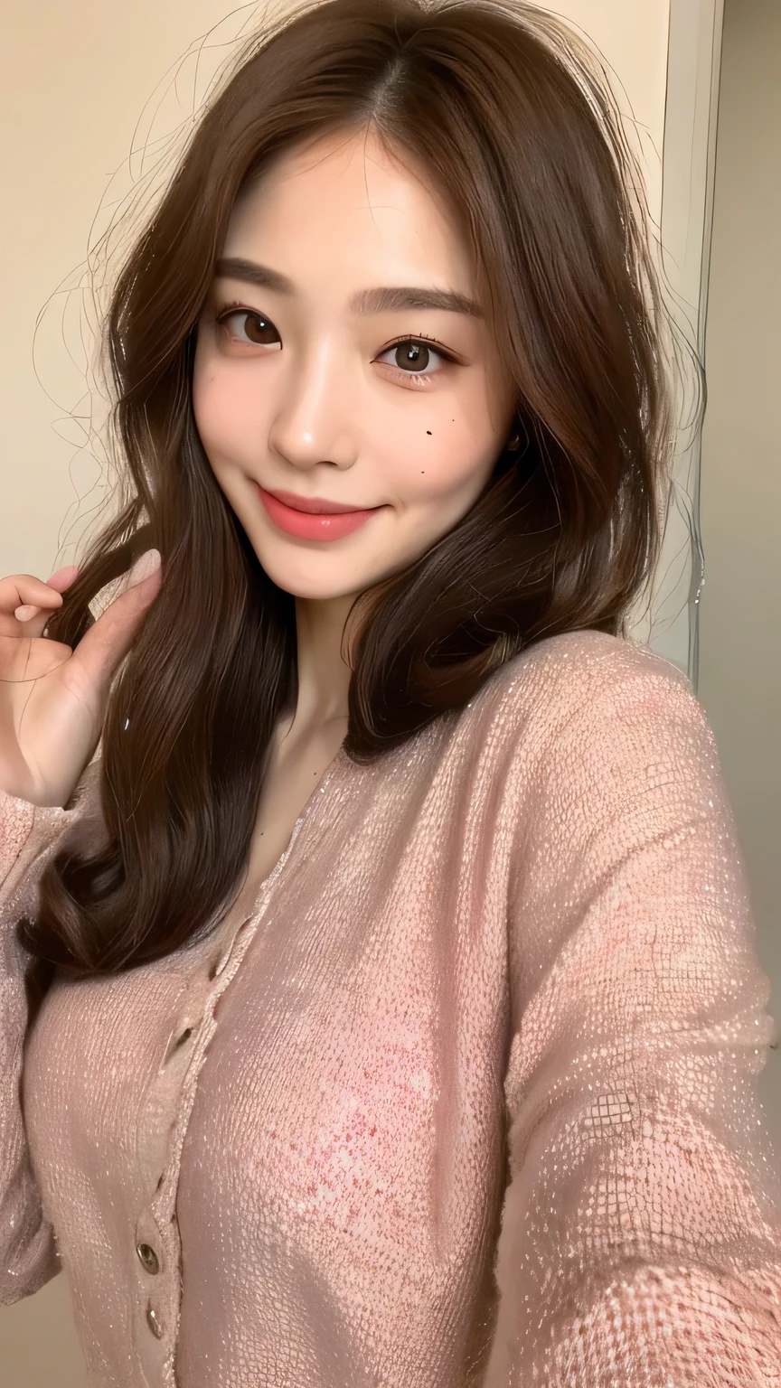 ((highest quality, 8k, masterpiece: 1.3)), 1 female, Japanese Idols,Sensual beauty: 1.3, (Hair style Brown hair Medium wave, big: 1.2), Nightwear: 1.1, Super slender face, Delicate eyes, double eyelid, Dimples,Mole, Home,relax,smile,Plump body,Red blush,Drunk,