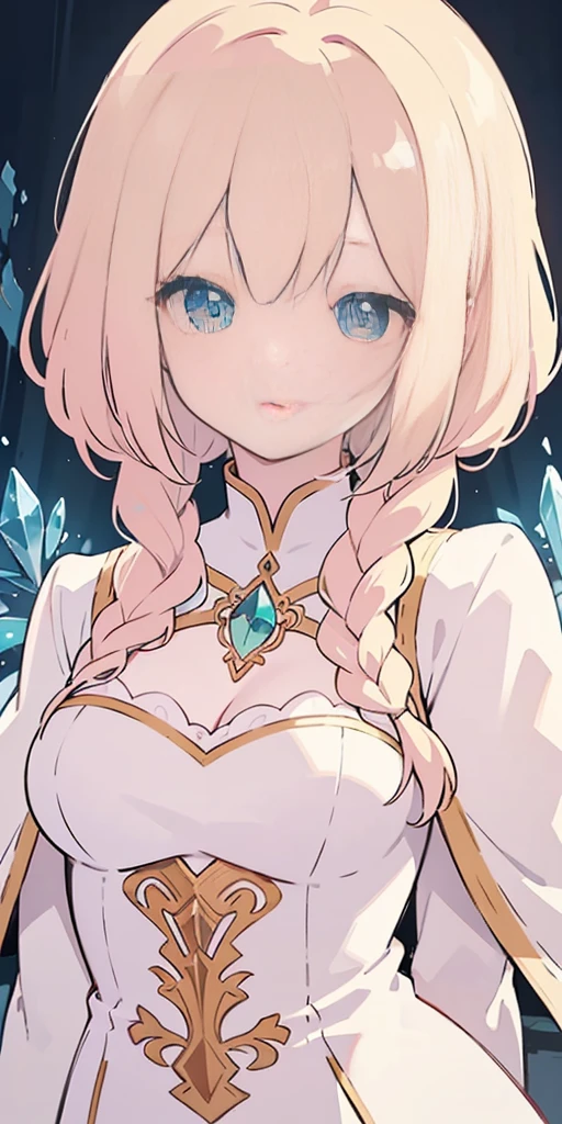 tmasterpiece,Highest high resolution,Beautiful bust of a royal lady,Delicate pink braided hair,Green clear eyes,The hair is covered with beautiful and delicate floral craftsmanship, Crystal jewelry filigree,Ultra-detailed details,upscaled。Soft lighting