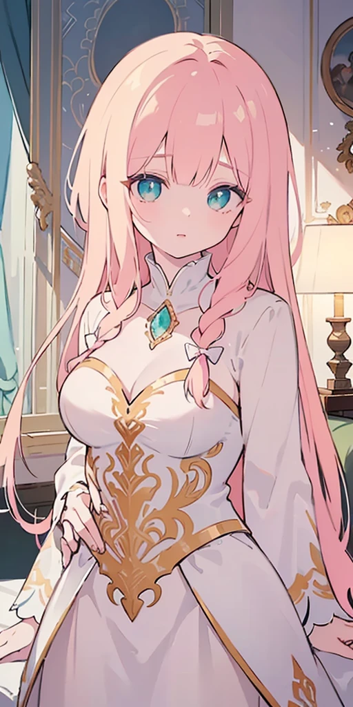 tmasterpiece,Highest high resolution,Beautiful bust of a royal lady,Delicate pink braided hair,Green clear eyes,The hair is covered with beautiful and delicate floral craftsmanship, Crystal jewelry filigree,Ultra-detailed details,upscaled。Soft lighting