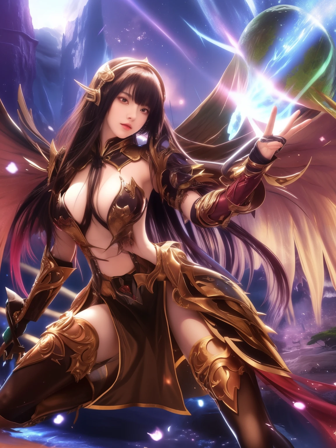 anime girl with wings and a sword in a fantasy setting, 2. 5 d cgi arte de fantasia de anime, arte de fantasia de anime, garota de armadura, HD epic fantasy art style, epic anime art, epic anime fantasy, belo anime de fantasia, anime fantasy illustration, garota necromante ciborgue sagrada, estilo shadowverso, deusa dos animes, anime em estilo fantasia, arte detalhada de anime