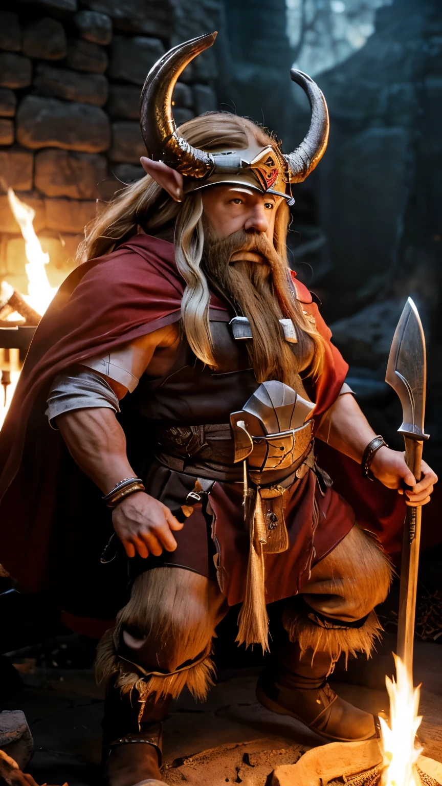 8k, best quality, highres, realistic, real person, ((dwarf:1.5)), A hyper-realistic movie photograph of a Viking warrior. The character has long, blonde hair and a long beard. He is wearing a metal helmet with horns and metal armor. The warrior has a serious expression and is seated by a campfire. The background is dark and features the flickering light of the fire, creating a dramatic and intense atmosphere,A hyper-realistic movie photograph of a Viking warrior. The character has long, blonde hair and ((Long beard down to his waist)), (Red cape), He is wearing a detailed ((metal full helmet with two large curved horns)) The helmet is silver and covers the entire head, with eye openings that provide protection to the eyes. The warrior has a serious expression and is seated by a campfire. The background is dark and features the flickering light of the fire, creating a dramatic and i,His cheeks are also covered with a beard , ((hold a big double-sided axe))
