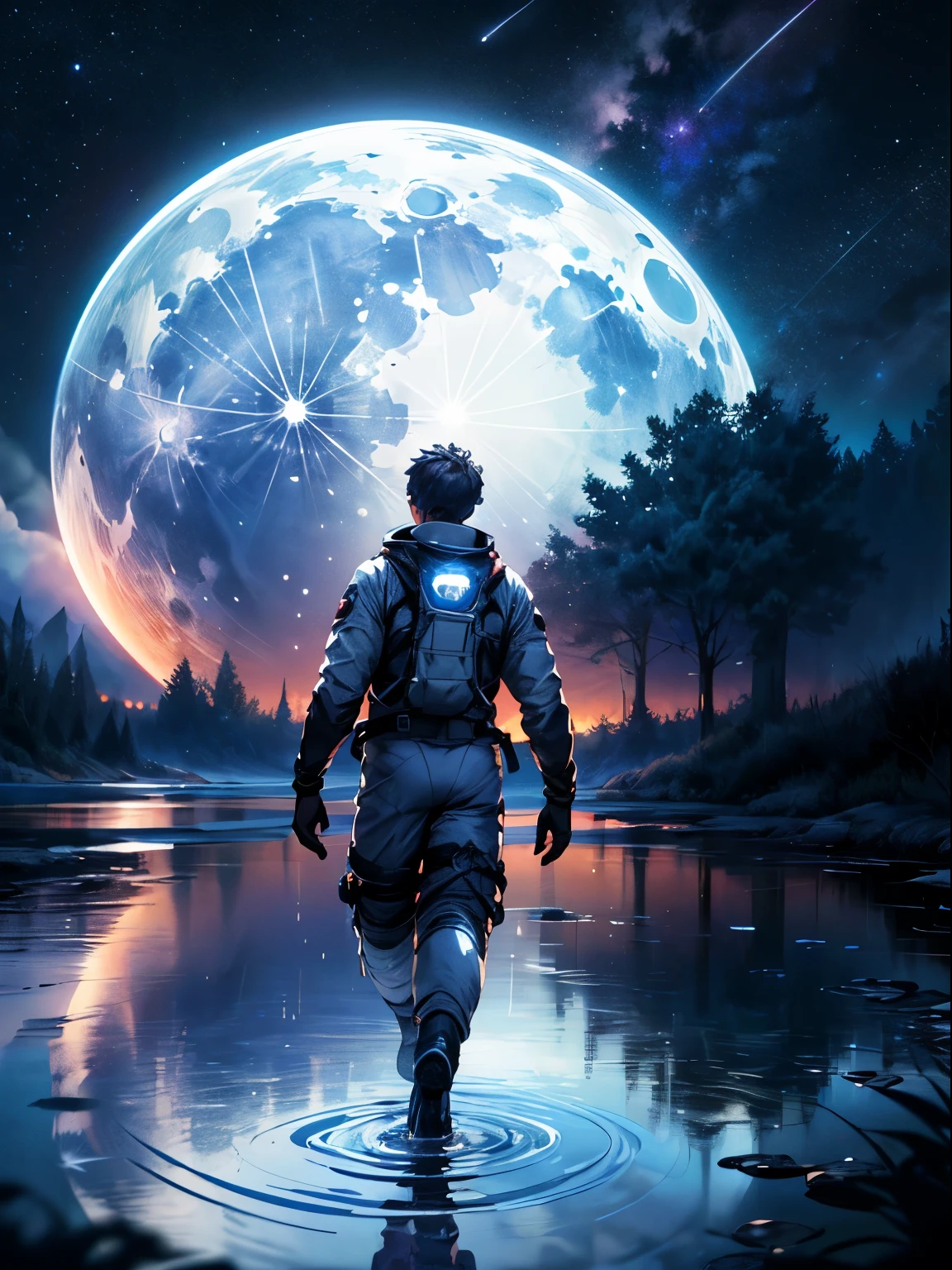 A boy in a space suit walks towards his reflection in the water,The night sky is full of stars,A huge silver moon in the center of the picture,Dreamy colors,Clear reflection in water,Surrealism, High Detail, movie lighting, Ray Tracing, Ultra wide angle,Ultra HD, masterpiece, 4k, best quality