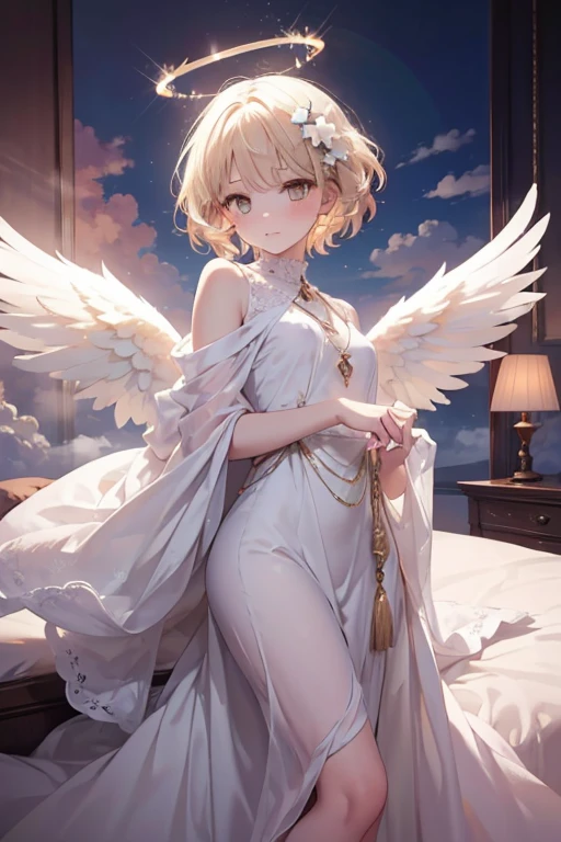 masterpiece, highest quality, Very detailed, 16k, Ultra-high resolution, Cowboy Shot, 12 year old girl, Detailed face, Perfect Fingers, Angel halo on head, Golden Eyes, blonde, short hair, Angel wings growing on your back, Thin and light clothing、Above the Clouds, temple, bed、Lying on your back