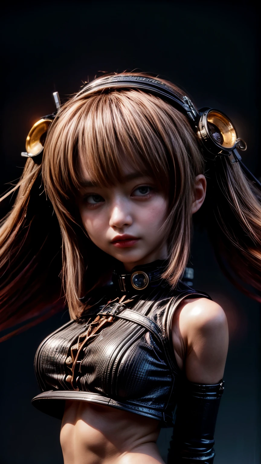 (top-quality:1.2, masterpiece)、ultra high resolution、extremely ultra surrealism, (Photorealsitic:1.4)、Raw photo、(Steampunk Battle Cyborg fallen angel)、large wings made of metal、black porcelain body、red  hair、glowy skin、1 Cyborg girl、(mechanical frame:1.3)japanese, extremely cute face,  ((super realistic details))、portrait、globalillumination、Shadow、octan render、8K、ultrasharp、character edge light、Details of complex ornaments、Acrylic Clear Cover、Sumerian details、Hydraulic cylinder、Small LED lamp、highly intricate detail、Realistic light、a purple eye、radiant eyes、Facing the camera、neon details、cowboy  shot、Futuristic headgear、About Cyberpunk
