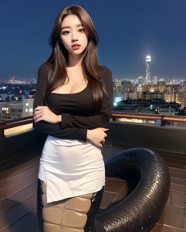 Lamia, ((Midnight, Best quality, 8k, Masterpiece :1.3)), Whole body, Long legs, Sharp focus :1.2, A pretty woman with perfect figure :1.4, Slender abs :1.1, ((Dark brown hair, Big breasts :1.2)), (White tight tshirt, Standing:1.2), ((Night city view, Rooftop:1.3)), Highly detailed face and skin texture, Detailed eyes, Double eyelid, full body, 