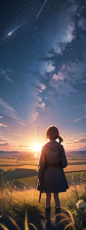 Vast landscape photos, a girl standing on a prairie looking up at the sky, shooting stars, fireflies, dreams、detailed face