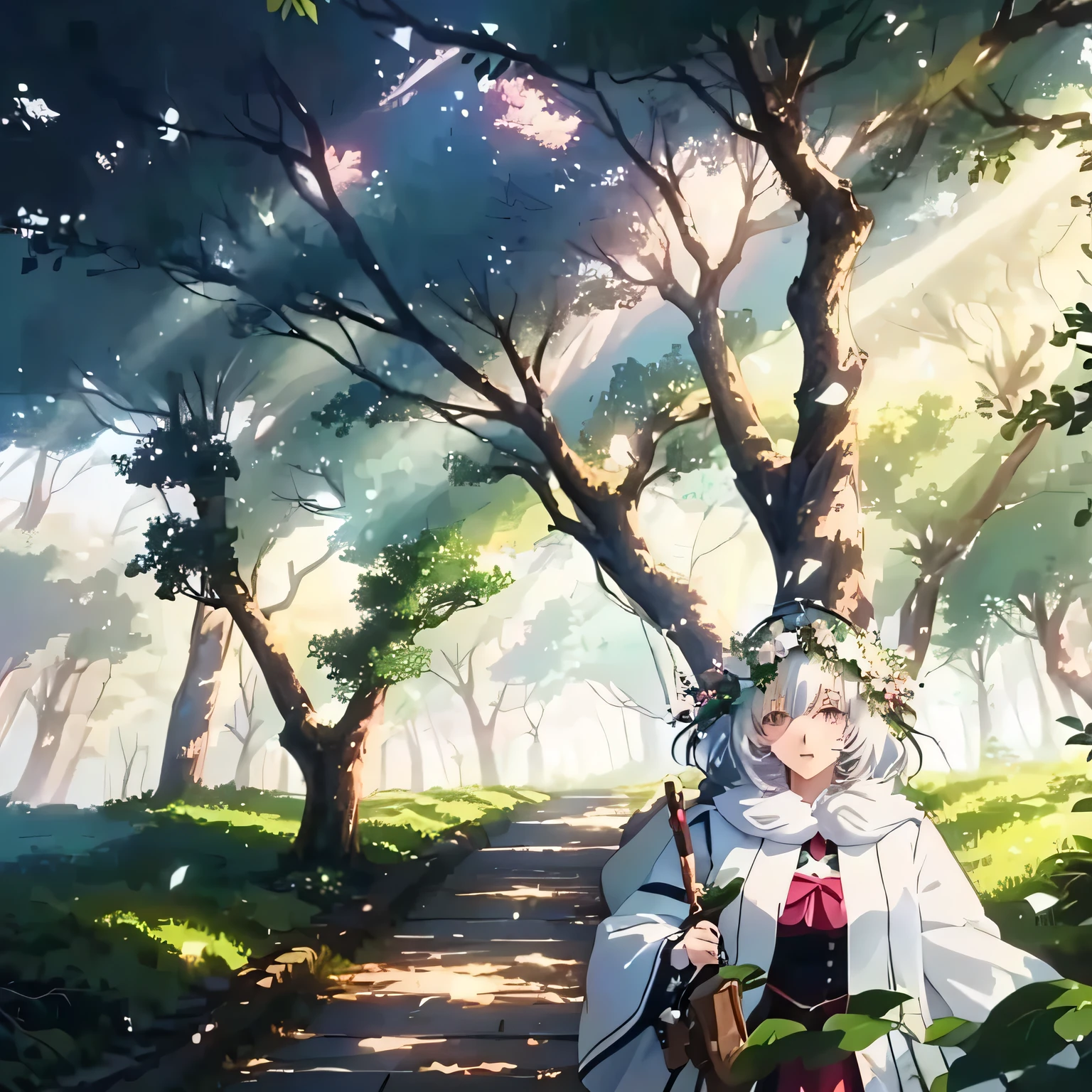 Anime girl in a white dress walking on a path in the forest, Anime Background, Anime Background art, AnimeLush John 8K Woods, Anime Nature, Maid in the Magic Forest, Anime beautiful peaceful scene, Anime Nature wallpap, Anime Art Wallpaper 4K, Anime Art Wallpaper 4K, anime art wallpaper 8 k, Forest Soul, Beautiful anime scene