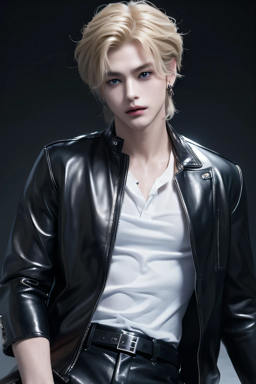 ((highest quality, 8K, masterpiece: 1.3)), Handsome boy from a visual kei band:1.5, 20-year-old、Delinquent boy、 well-groomed face, Blonde hair color、thin face、（white skin:1.5）、blue eyes、boy with makeup、Super handsome、Extra-fine face, handsome nose, small eyes and face, beautiful lighting, High resolution, detailed mouth, smile, whole body: 1.5, perfect body shape、super slim，Midial Hair、pointed hair set、transparent  shirt、Chrome hearts、leather pants、leather belt、Silver earrings、lip piercing